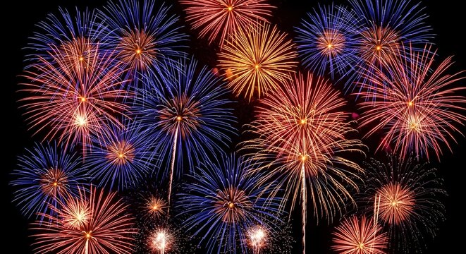 Colorful fireworks exploding against black night sky