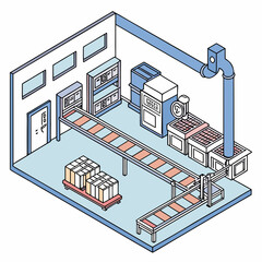 Naklejka premium Automated factory production line with robotics and packaging conveyor belt factory floor supply chain industrial automation manufacturing process material handling packaging machine robotics