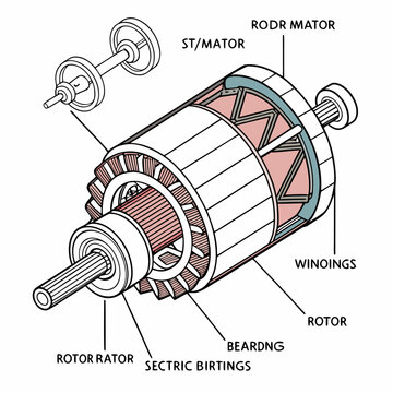 Exploded view diagram of electric motor components with labels cross section motor parts windings bearings components illustration technical mechanical engineering schematic assembly