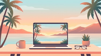 Obraz premium Laptop on a desk with a tropical beach sunset background, featuring palm trees, a coffee mug, and eyeglasses in a flat style