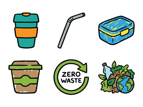 Set of hand drawn zero waste lifestyle icons for sustainable living.