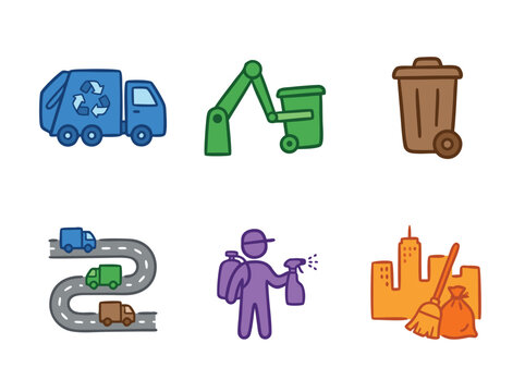 Set of hand drawn waste management and city cleaning icons.