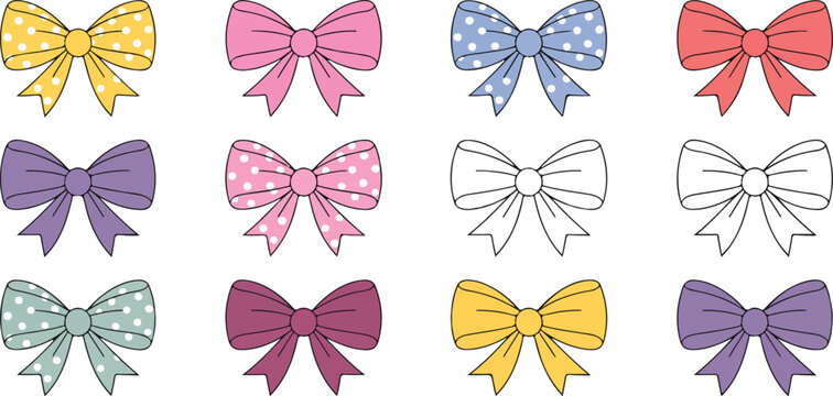 Set of cute colorful bows in simple flat style on white background, decorative ribbon bowknot vector illustration collection