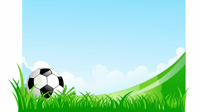 A soccer ball resting on a lush green field under a clear sky