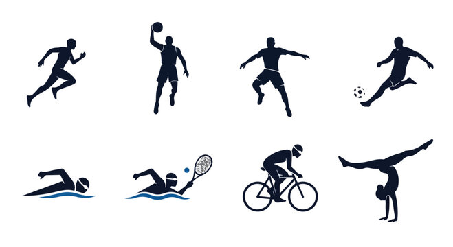 Collection of silhouettes of people engaged in various sports and fitness activities on white background