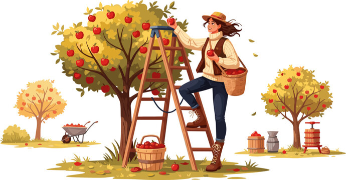 Apple Orchard Harvest Icon Featuring Woman Picking Apples with Ladder and Basket for Autumn, Farming, and Nature Design Projects