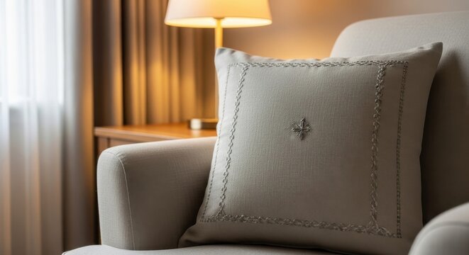 Elegant Linen Cushion With Intricate Hand-Stitched Embroidery Accentuated by Warm Lamp Light