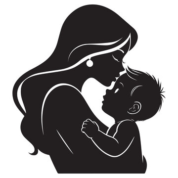 Mother kissing a baby on the forehead, a tender moment of affection and care depicted in a black and white silhouette vector.