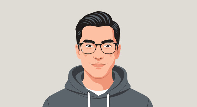 Young man in glasses portrait with a grey hoodie and a neutral background