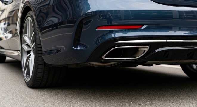 Close up of dark blue modern car rear bumper with chrome exhaust pipe parked on asphalt