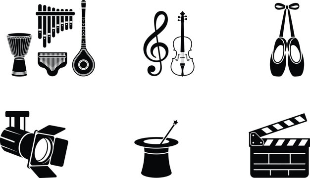 Black and white of various music and instruments clapperboard spotlight
