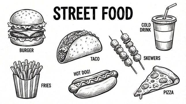 Delicious street food collection hand drawn illustration of burgers tacos pizza and more