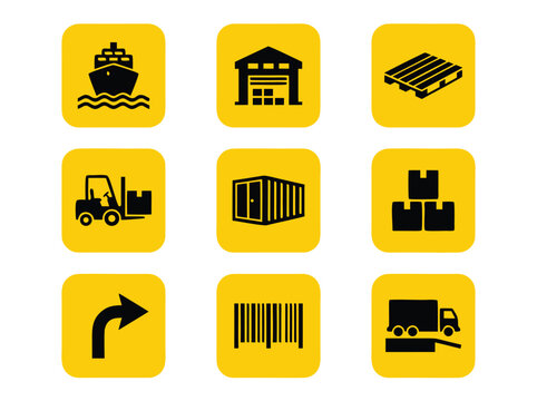 Set of logistics and warehouse industry icons in yellow.