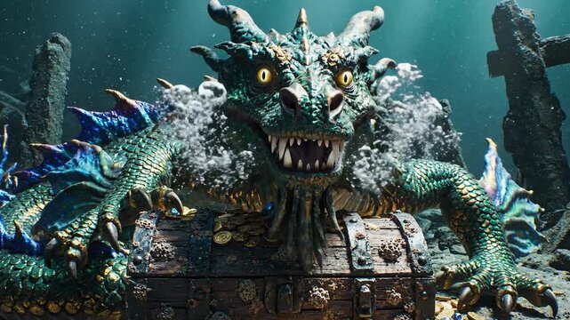 Fierce Dragon Guarding Sunken Treasure Chest