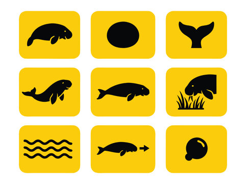 Set of Manatee Icons on Yellow Background.
