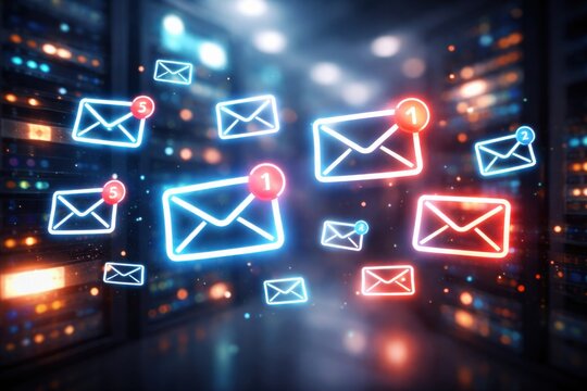 Neon email envelope icons with notification numbers floating in dark computer server room.