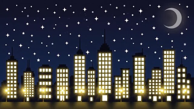 A dark winter night city scene with a cartoon vector illustration of an urban skyscraper skyline and moonlit architecture under a starry sky
