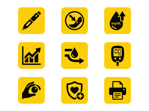 Set of medical and healthcare icons related to diabetes management and blood glucose monitoring.