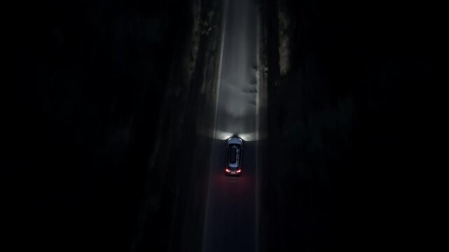 Drone footage tracking a lone car with lights moving through dense forest at night along a straight road under dark sky