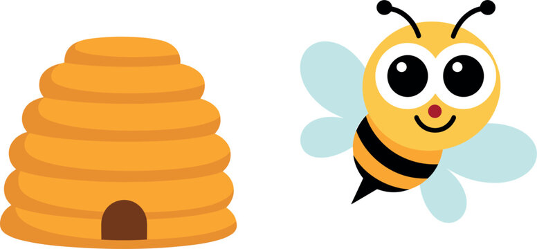 Cute bee and beehive illustration, cartoon insect character, honey concept vector design elementCute bee and beehive illustration, cartoon insect character, honey concept vector design element