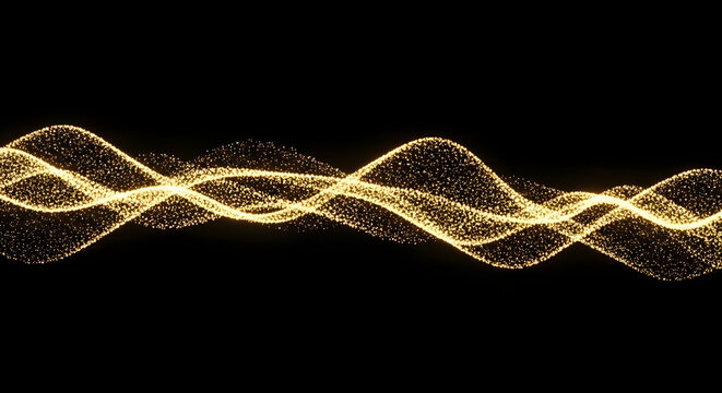 Golden particles flowing in luminous waves against a black backdrop