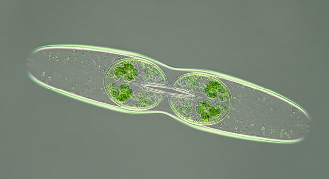 Microscopic view of Spirogyra algae undergoing cell division.