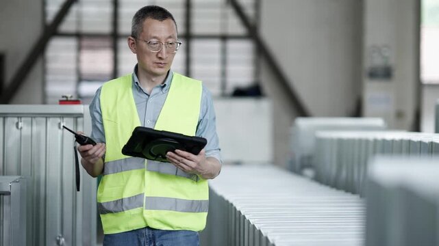 Factory inspector holding tablet and walkie-talkie while checking industrial equipment on production line