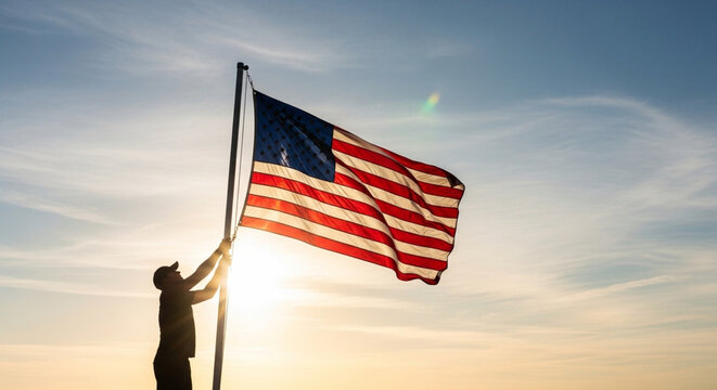 Silhouette of a person raising the american flag against a clear sky at sunset