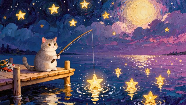 A whimsical impasto oil sticker of a fluffy cat sitting on a wooden dock at night, magical and cozy as it fishes for falling stars in the textured water.