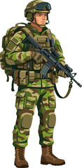 Obraz premium Infantry soldier standing guard with assault rifle and tactical backpack
