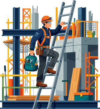 Industrial technician climbing ladder with tool bag at construction site
