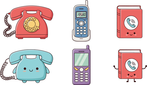 Retro communication devices vector set with vintage telephones mobile phones and cute contact book cartoon illustration