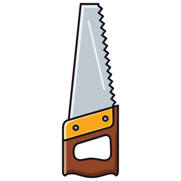 A cartoon illustration of a handsaw with a brown handle and yellow metal piece