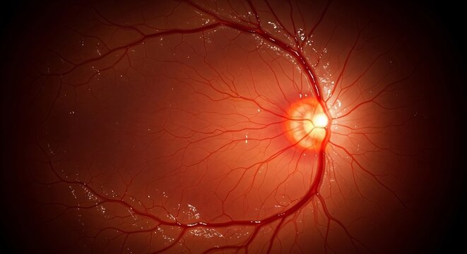 Close-up View of Human Retina with Optic Nerve and Blood Vessels.