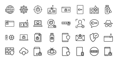 Fototapeta premium Cyber security and data protection line icon set
