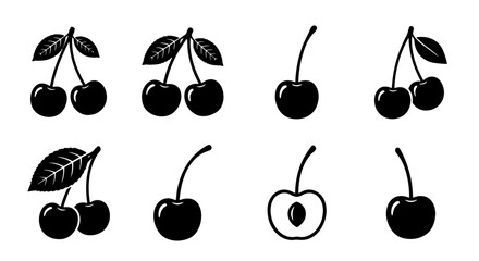 Black cherry icon set with 8 vector elements, minimalist fruit silhouettes with leaves and stems, organic berry symbols for food packaging design © Mohsin