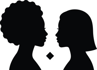 Women face to face silhouette profiles, diversity and equality concept, female friendship and communication, black and white vector illustration isolated background © MdMehedi