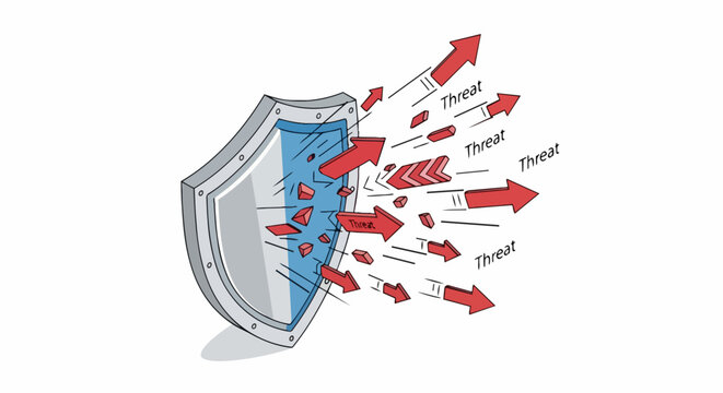 Cybersecurity Shield Deflecting Red Threat Arrows Illustration - Data Protection and Risk Management Concept