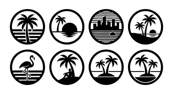 Retro tropical sunset logo set, 8 black and white summer beach icons, palm tree and flamingo circle badges, minimalist coastal vacation vector graphics