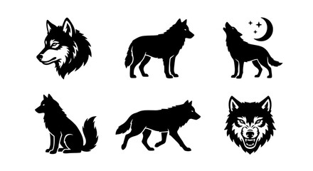 Wolf silhouette vector set, black and white timber wolf icons, 6 wild animal elements for logo design, howling coyote and husky head graphics © Rony