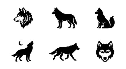 Minimalist wolf silhouette icons, black wolf head and howling coyote vector set, 6 wild animal graphics for wilderness branding and outdoor logos © Rony