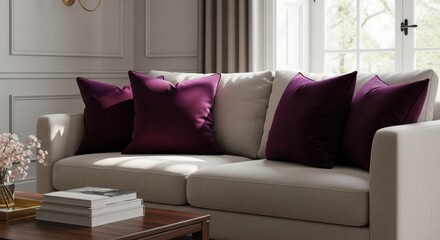 Fototapeta premium Deep Plum Velvet Accent Cushions Adding Luxurious Comfort and Rich Color to a Modern Sofa