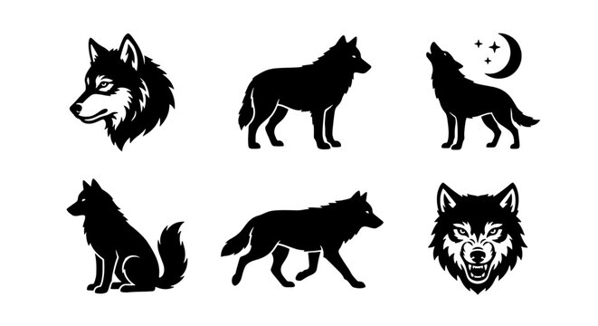 Wolf silhouette vector set, black and white timber wolf icons, 6 wild animal elements for logo design, howling coyote and husky head graphics