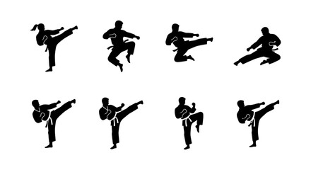 Martial arts silhouettes set, karate and taekwondo fighter poses, 8 black vector icons of athletes in combat positions, kickboxing and judo action figures © Neha