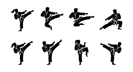 Martial arts silhouette set of 8 karate fighters, taekwondo athletes in combat poses, black and white vector icons for sports branding and gym logos © Neha