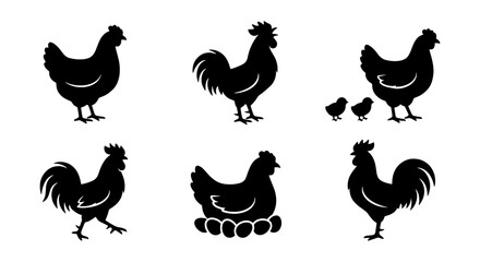 Black chicken silhouette collection, farm poultry vector set with rooster and hen, domestic bird icons for organic food branding and agriculture © Neha