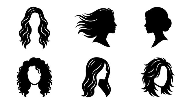 Woman hairstyle silhouette icons, set of 6 female hair vector elements, black beauty salon profile heads, curly and wavy hair fashion graphics