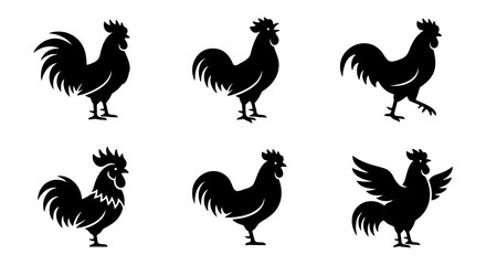 Rooster silhouette vector set, black farm bird icons in various poses, 6 chicken and cockerel illustrations for rustic logo design and organic food branding © Neha