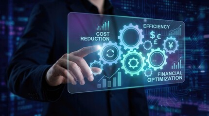 Fototapeta premium Businessman touching a digital interface displaying glowing blue gears, financial optimization text, currency symbols, and data charts on a dark background