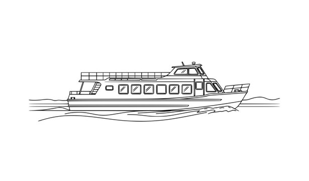 Black and white passenger launch boat sailing in river vector illustration with water movement concept